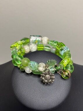 Green Glass Millefiori Dichroic Beaded Sunflower Charm Bracelet Wire Wrap 70’s